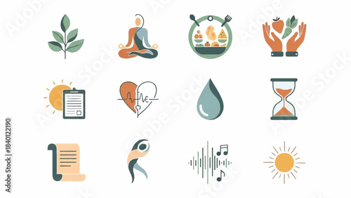 Flat lay composition of various colorful wellness and productivity icons on a clean white background with a mix of nature and lifestyle symbols.