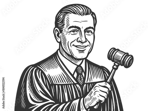 smiling judge in robe holding a gavel, symbolizing law, justice, and authority sketch engraving generative ai fictional character vector illustration. Scratch board imitation. Black and white image.