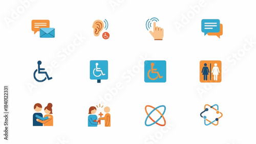 Collection of flat design accessibility icons on a white background, including symbols for disability, communication, and inclusivity.