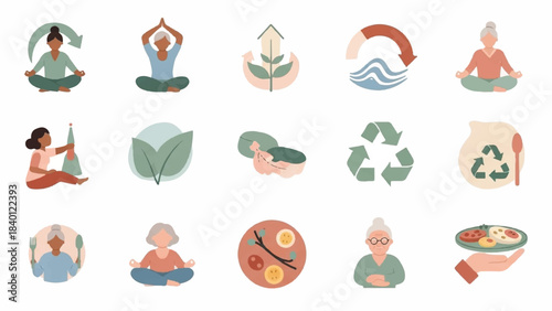 Flat lay illustration of various eco-friendly lifestyle icons including people meditating, recycling symbols, and healthy food against a clean white background.