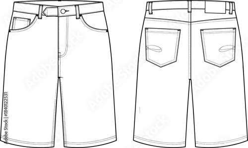 Technical Flat CAD Vector Drawing of Bermuda Shorts Template, Front and Back Views, with High Waist, Curved Pockets, and Back Patch Pockets for Casual Apparel Design Mockup, cad drawing flat vector 