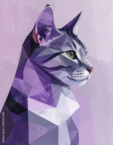 Cubist cat portrait in vibrant purple hues artistic display modern environment side view unique concept