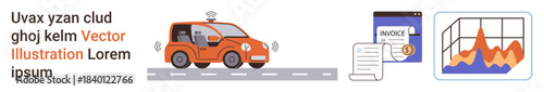 Autonomous driving, technology, data analysis, automation, business tools, finance. Self-driving car with sensors, digital invoice and analytics graph. Autonomous driving and technology