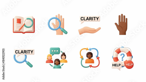 Flat lay of colorful clarity icons and emojis on white background, including magnifying glasses, hands, and question marks.