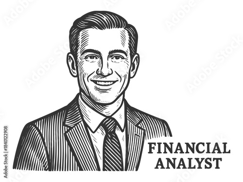 smiling male financial analyst in a suit, representing finance and investment expertise sketch engraving generative ai fictional character vector illustration. Scratch board imitation. Black and white