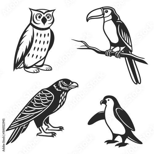 Set of black and white wild birds isolated on transparent background including owl, toucan, raven, and penguin ready for use in various design projects