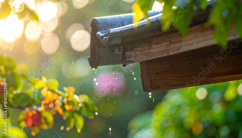 Gutter dripping during sunny rain, blurred leaves and background, golden light shining during a humid day scene