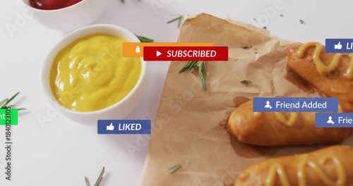 UI icons popping over mustard starting badges flowing across bowls, corn dogs fading showing likes