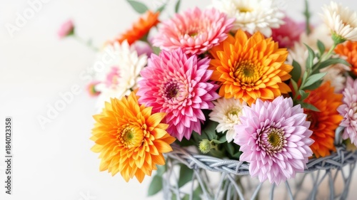 A vibrant bouquet of colorful gerbera daisies in a woven basket