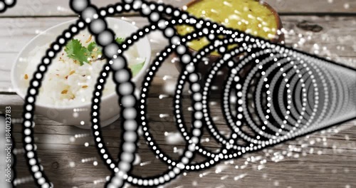 Overlay start causing dotted tunnel moving diagonally, revealing rice, curry, chutney for plating