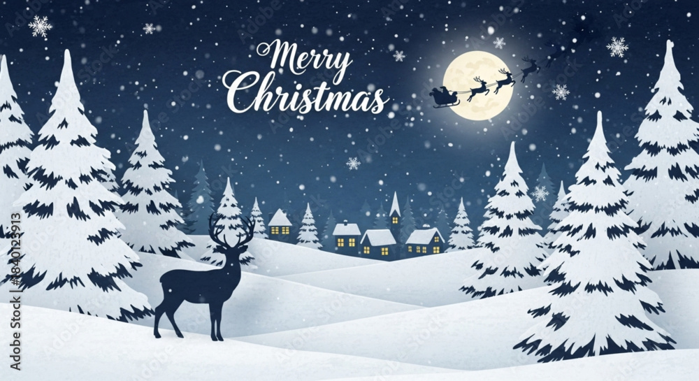 Fototapeta premium A minimalist, paper-cut style illustration featuring a snowy night scene with silhouettes of pine trees, a distant village, Santa's sleigh, and a reindeer against a dark blue background and a bright f