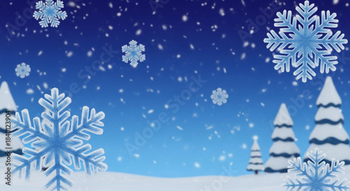 A stylized, 3D rendered background featuring large, detailed blue snowflakes falling over a snowy landscape with distant pine trees against a blue gradient sky.