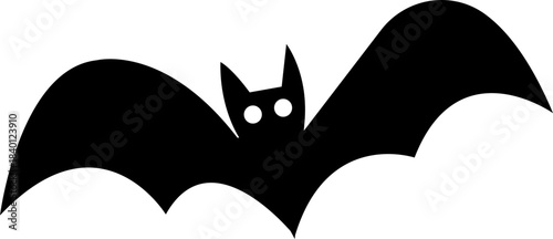 Cartoon bat flying vampire icon in black flat style. Graphic vector illustration depicting halloween animal creature silhouette label design element spooky scary night symbol.