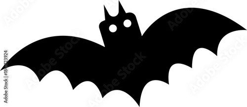 Cartoon bat flying vampire icon in black flat style. Graphic vector illustration depicting halloween animal creature silhouette label design element spooky scary night symbol.