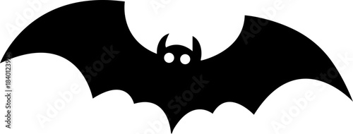 Cartoon bat flying vampire icon in black flat style. Graphic vector illustration depicting halloween animal creature silhouette label design element spooky scary night symbol.
