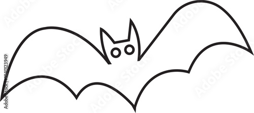 Cartoon bat flying vampire icon in black outline style. Graphic vector illustration depicting halloween animal creature silhouette line design element spooky scary night symbol.