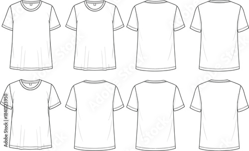 Set of blank T-shirt vector templates showing front and back views, ideal for apparel design, clothing mockups, fashion illustrations, and customizable garment graphics