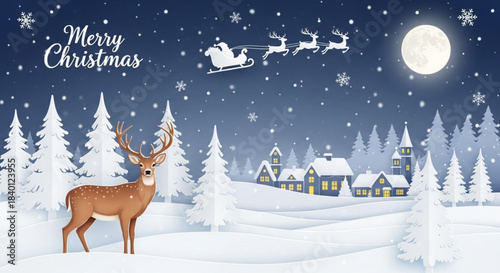 A detailed, paper-cut style illustration of a snowy Christmas night with a festive village, pine trees, a large full moon, Santa's sleigh, and a spotted reindeer in the foreground.