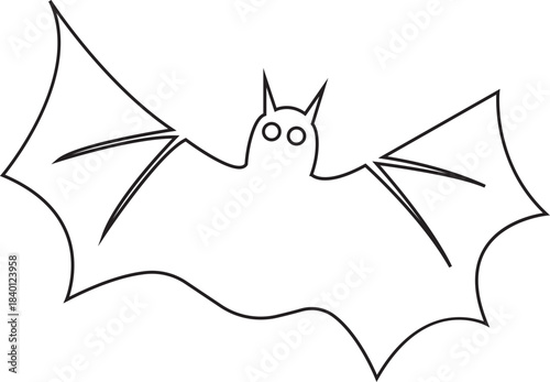 Cartoon bat flying vampire icon in black outline style. Graphic vector illustration depicting halloween animal creature silhouette line design element spooky scary night symbol.