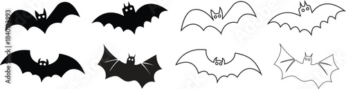 Cartoon bat flying vampire icons set collection. Group vectors graphic illustration depicting halloween animal creature silhouette black flat and outline design elements spooky scary night.