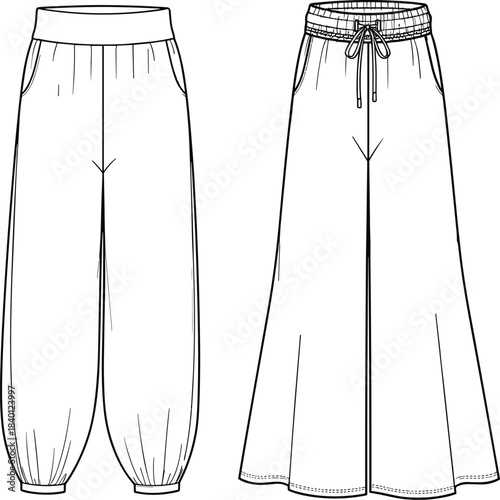 Technical flat sketch vector illustration of women's comfortable wide-leg palazzo pants and harem trousers, featuring elastic waistbands and drawstrings for casual apparel design.