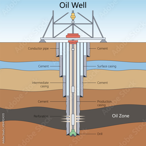 internal components and casing layers of an oil well, from surface equipment to the underground oil zone diagram hand drawn schematic vector. Science educational illustration