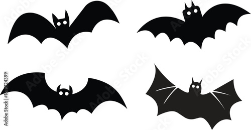 Cartoon bat flying vampire icons set collection. Group vectors graphic illustration depicting halloween animal creature silhouette black flat design Elements spooky scary night.