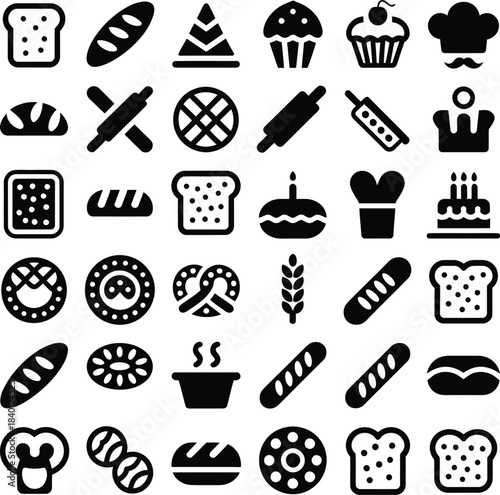 A black and white collection of bakery icons silhouette vector illustration