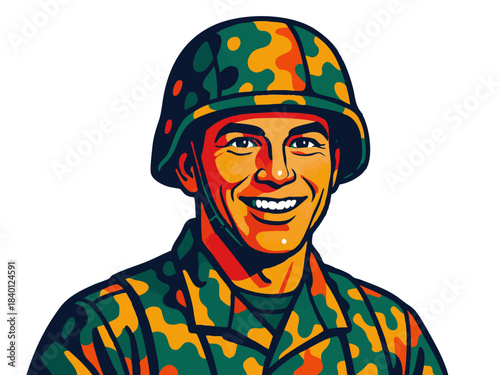 male soldier wearing a helmet and camouflage uniform, ideal for military, service, or patriotic themes. Generative ai vector colorful pop art illustration.