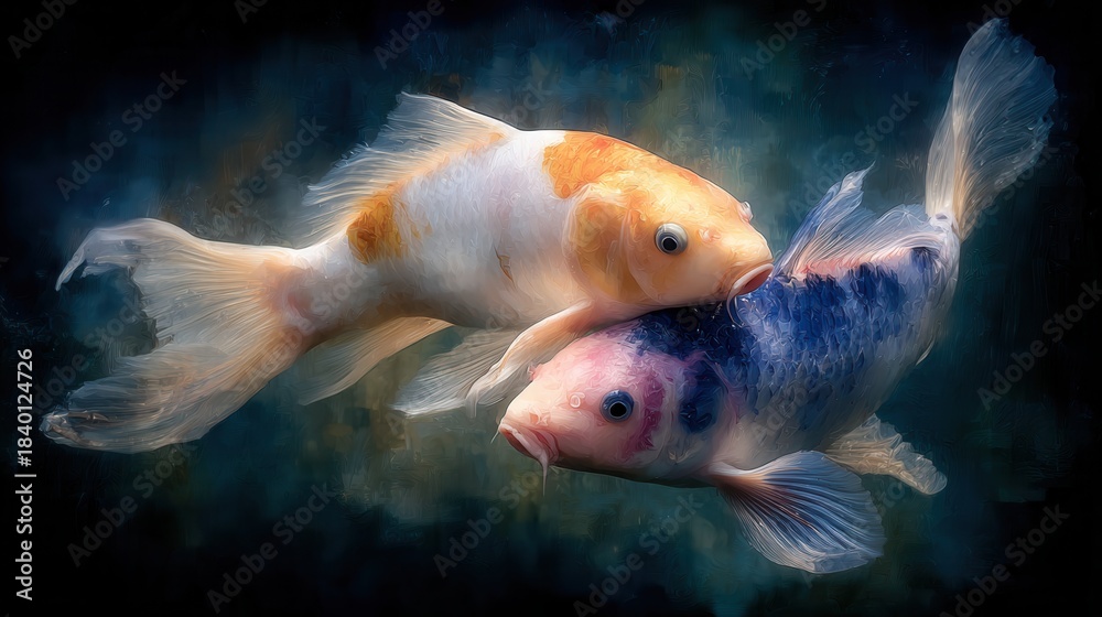 Fototapeta premium two goldfish white and blue color