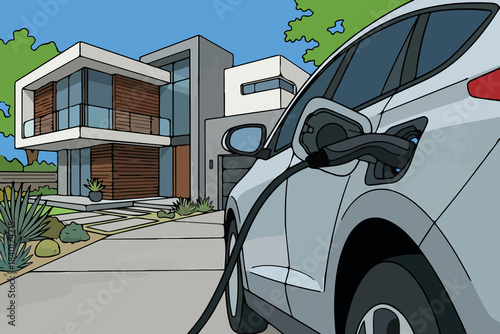 Photos Modern electric car charging at home in a contemporary driveway