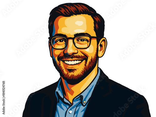 smiling male product manager in glasses and blazer, styled in bold pop art colors. Generative ai vector colorful pop art illustration.