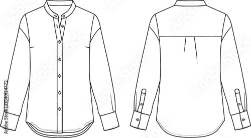 Technical flat vector illustration of classic long sleeve button-down shirt with mandarin collar and cuff details for professional apparel 