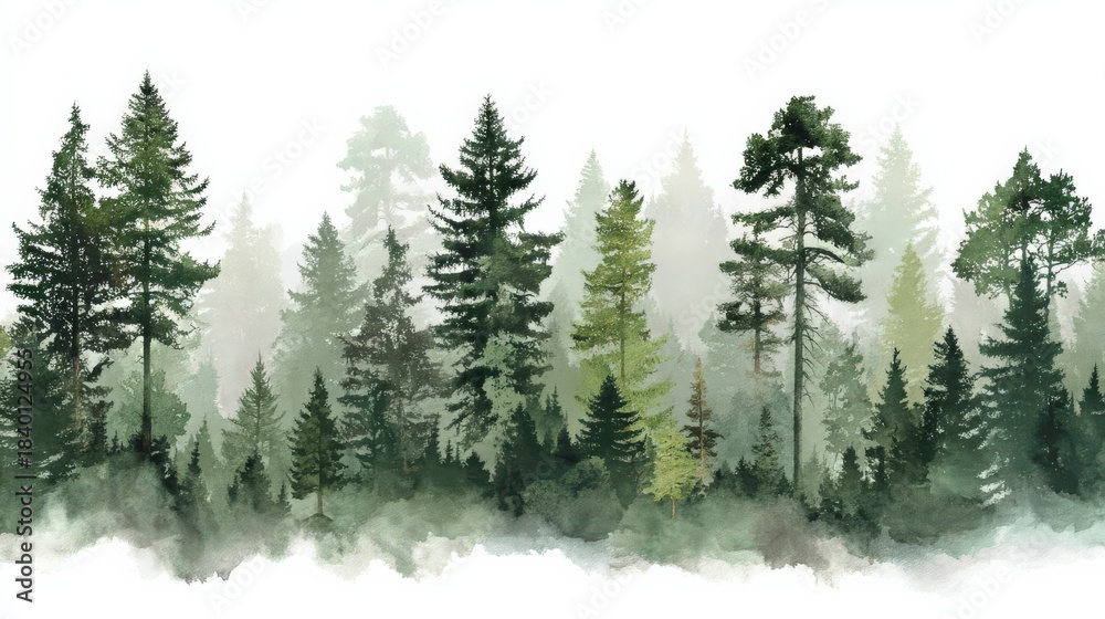 Obraz premium Minimalist watercolor forest landscape featuring softly painted evergreen trees against a clean white background