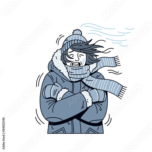 Person shivering in winter coat and scarf against cold wind  