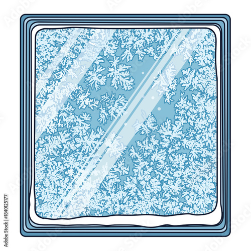 Frosted window pane with delicate frost patterns in blue tones  