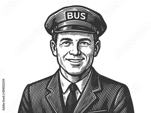 cheerful male bus driver sketch engraving generative ai fictional character vector illustration. Scratch board imitation. Black and white image.