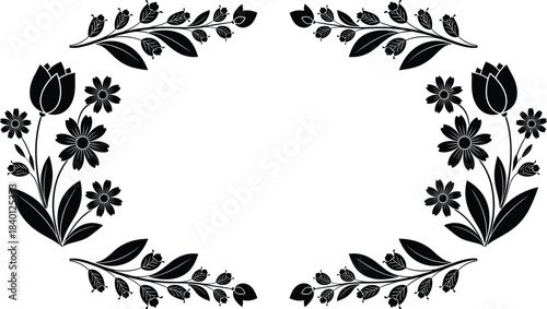 Black silhouette floral decorative border with tulips and daisies black and white