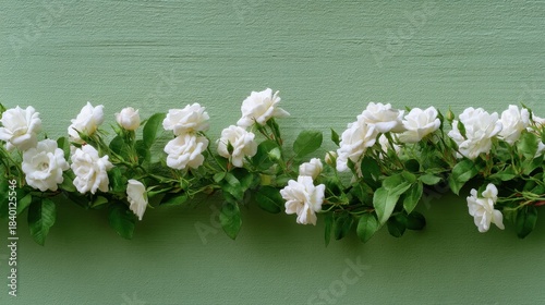 Elegant arrangement of white roses on a soft green background showcasing floral beauty and freshness for various decorative purposes and themes