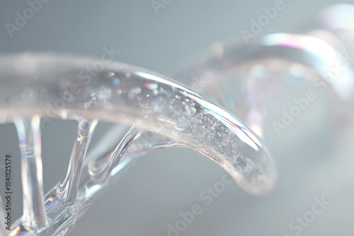 Extremely detailed translucent DNA double helix floating against a soft light background, representing advanced genetic research, human heredity studies and genome science.