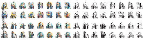 Artists painting on easels in various poses