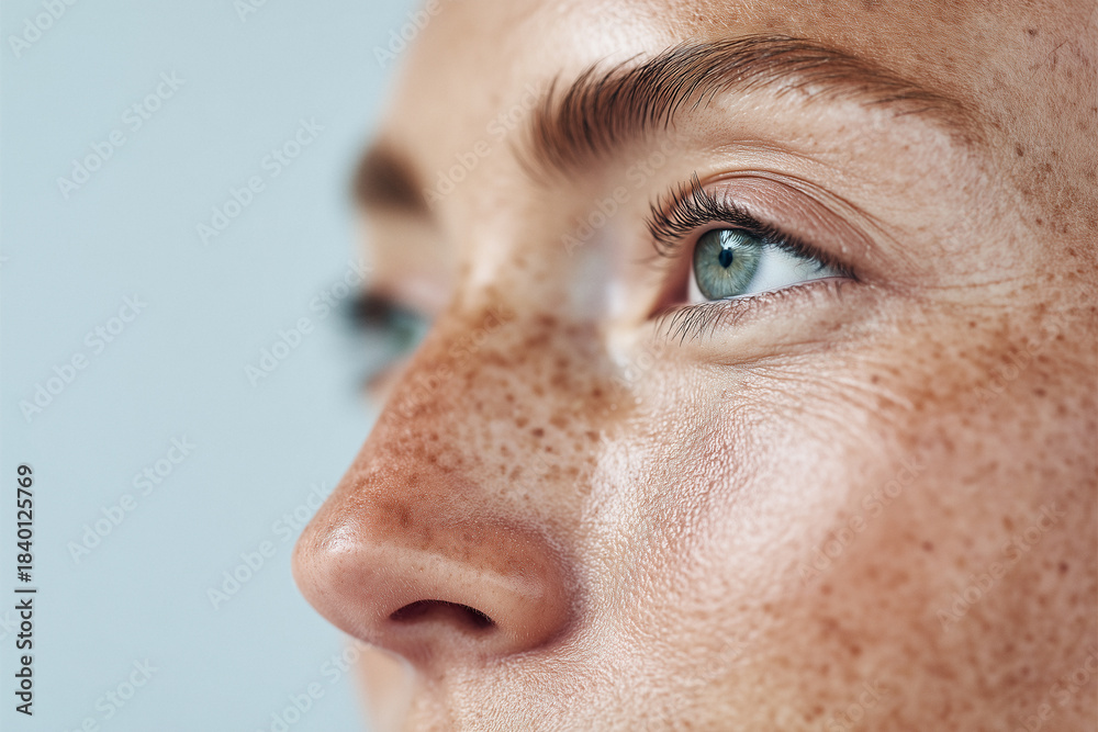 Fototapeta premium An extreme close-up profile of a woman’s face, highlighting the natural texture of her skin, visible pores, fine lines, and delicate freckles, against a soft, neutral background