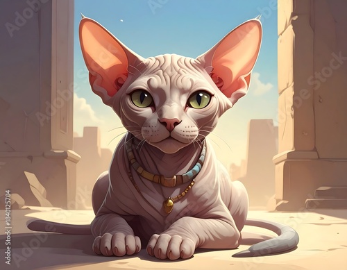 Hairless cat adorned with jewelry sits regally amidst ancient, sun-drenched ruins, casting a charming and regal aura