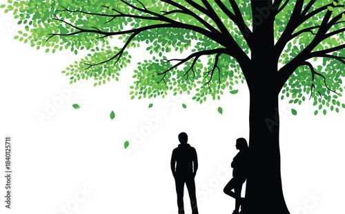 Tranquil vector illustration of a couple standing beneath a huge, lush green tree with falling leaves, symbolizing nature, serenity, contemplation, and relationship moments