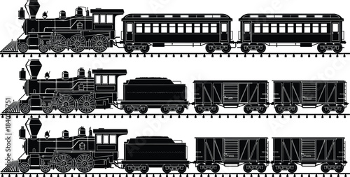 Black silhouette of three vintage steam trains with different carriages on white background