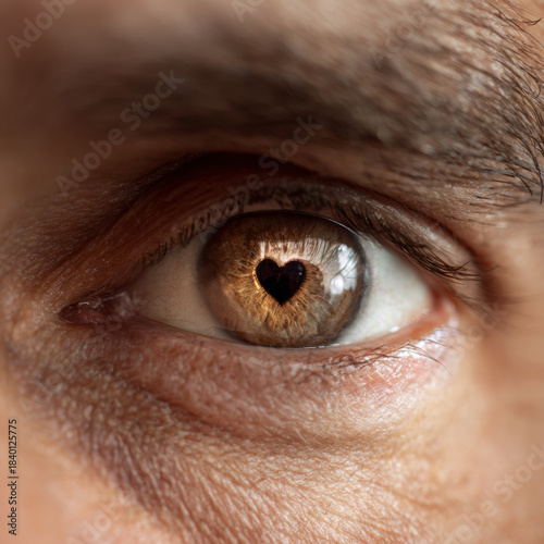 Detailed close-up photograph of a realistic human eye where the pupil forms a heart shape, representing concepts of love, romance, and emotional connection.