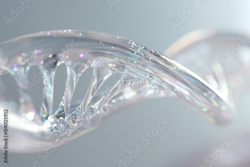 Highly detailed translucent DNA double helix structure suspended against a blurred light background, symbolizing genetic research, hereditary disease treatment and genomic medicine.