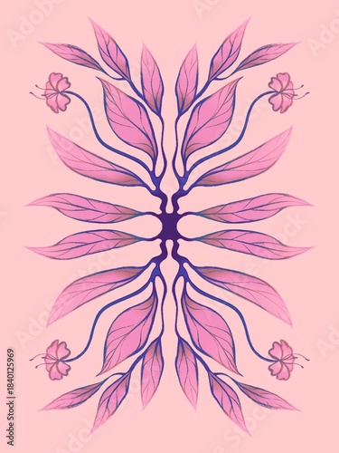 symmetrical flower background design, floral elegant leaves in soft pink, peach and purple
