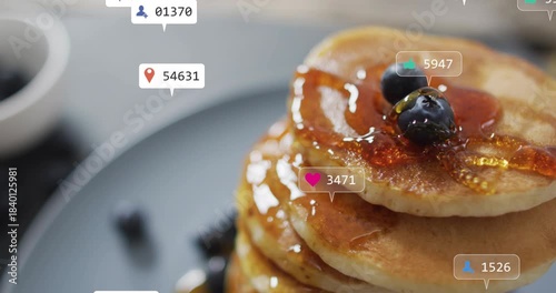 Pancake stack receiving syrup stream, notification badges appearing and clustering, showing buzz