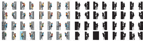 Rock climber ascending a cliff face with multiple poses